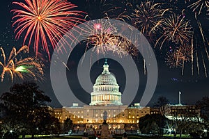 The United States Capitol, or Capitol Building (Washington, USA) with fireworks