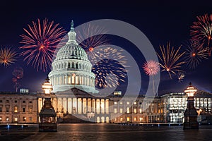 The United States Capitol, or Capitol Building (Washington, USA) with fireworks