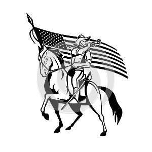 United States Cavalry on Horse Blowing Bugle With USA Flag Retro Black and White