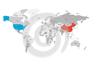 United States and China highlighted on political map of World. Vector illustration