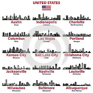 United States cities skylines silhouettes vector illustrations set