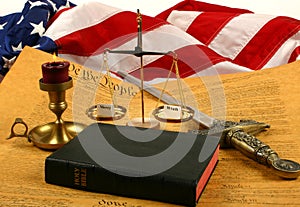 United States Constitution, Bible, scales weighing mercy and wrath, and Flag photo