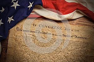 United States Declaration of Independence with a vintage American flag photo