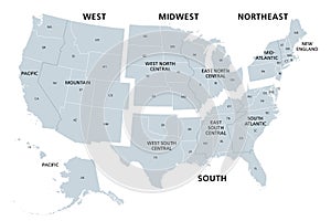 United States divided in Census regions and divisions, gray map