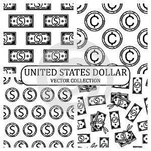 United States dollar. Collection of seamless vector patterns. Coins, cents, banknotes, bills, bank tickets. American money outline