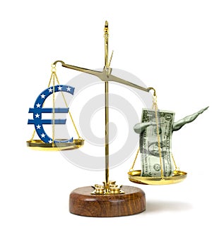 United States dollar with muscle arms outweighing Euro symbol on a gold scale representing a stronger US currency