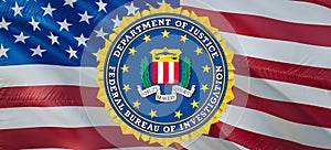 United States FBI emblem waving on United States flag. National 3d Federal Bureau of Investigation flag waving, 3d rendering. Sign