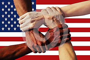 United States Flag multicultural group of young people integration diversity .