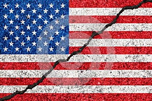 United States flag painted on cracked wall background/USA divide