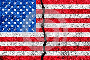 United States flag painted on cracked wall background/USA divide