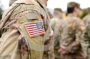 United States flag with peace sign canton on military uniform. US Peace flag. Collage