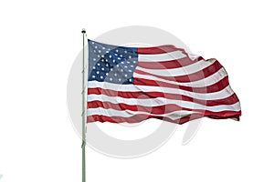 United States flag on a pole waving isolated on white background