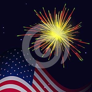 United States flag and radiant yellow red green fireworks