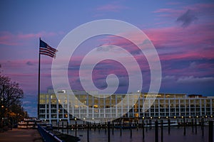 The United States flag at the sunset on the Hudson river in New Jersey