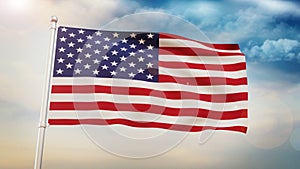 United States Flag Waving in the Air in the daylight sky. Modern Patriotic Concept Background with waving flag