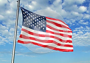 United States flag waving with sky on background realistic 3d illustration