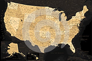 United States - Highly Detailed Vector Map of the USA. Ideally for the Print Posters. Black Golden Beige Retro Style