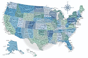 United States - Highly Detailed Vector Map of the USA. Ideally for the Print Posters. Blue Green White Colors