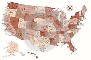 United States - Highly Detailed Vector Map of the USA. Ideally for the Print Posters. Brown Beige White Colors