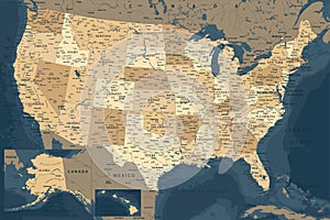 United States - Highly Detailed Vector Map of the USA. Ideally for the Print Posters. Dark Blue Golden Beige Retro Style