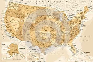 United States - Highly Detailed Vector Map of the USA. Ideally for the Print Posters. Golden Spot Beige Retro Style