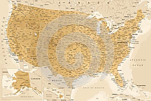 United States - Highly Detailed Vector Map of the USA. Ideally for the Print Posters. Golden Spot Relief Topographic Beige Retro