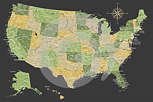 United States - Highly Detailed Vector Map of the USA. Ideally for the Print Posters. Green Yellow Golden Black Colors