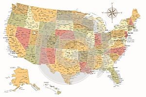 United States - Highly Detailed Vector Map of the USA. Ideally for the Print Posters. Warm Vintage Colors. Retro Style