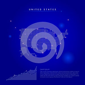 United States illuminated map with glowing dots. Dark blue space background. Vector illustration