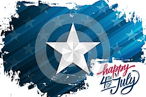 United States Independence Day celebrate banner with silver star on brush stroke background and handwritten inscription.