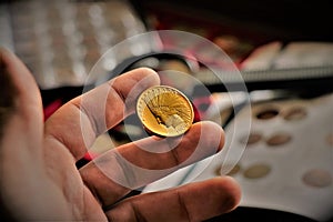 United States Indian Head gold coin. Close up of a numismatic coins collection.