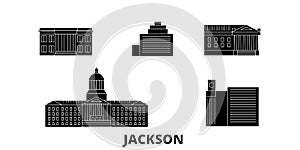 United States, Jackson flat travel skyline set. United States, Jackson black city vector illustration, symbol, travel