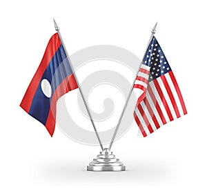 United States and Laos table flags isolated on white 3D rendering