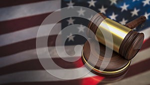 The wood hammer on United States flag for laws concept 3d rendering
