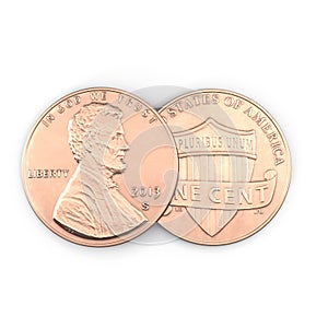 United States Lincoln Penny isolated over white. 3D illustration, clipping path