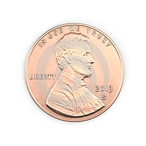 United States Lincoln Penny isolated over white. 3D illustration, clipping path