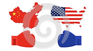 United states map and China map with Red and Blue Boxing gloves