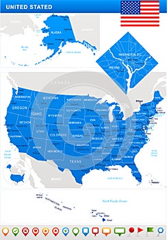 United States - map, flag and navigation icons - illustration