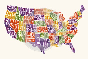 United States map with names in the shape of each state. Colorful map design elements.