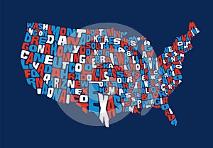 United States map with names in the shape of each state. Red white and blue map design