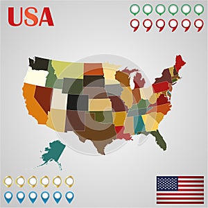 United States map with separated states, flag and geo