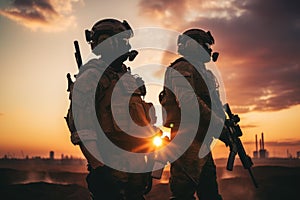 United States Marine Corps special forces soldiers in full gear at sunset. Military soldiers standing on a beautiful sunset, AI