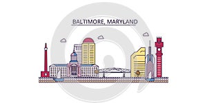 United States, Maryland tourism landmarks, vector city travel illustration