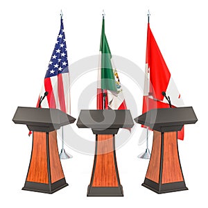 United States - Mexico - Canada Agreement, USMCA or NAFTA meeting concept. 3D rendering