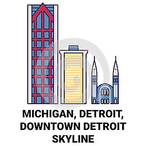 United States, Michigan, Detroit, Downtown Detroit Skyline travel landmark vector illustration