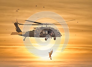 United States military helicopter. Combat US air force. Rescue mission exercise