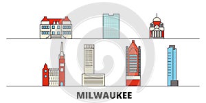 United States, Milwaukee City flat landmarks vector illustration. United States, Milwaukee City line city with famous