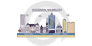United States, Milwaukee City tourism landmarks, vector city travel illustration