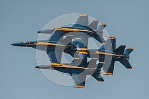 United States Navy Blue Angels in a tight formation during a demonstration on Fleet Week