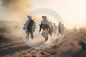 United States Navy special forces soldiers in action during a desert mission. Special military soldiers walking in a smoky desert